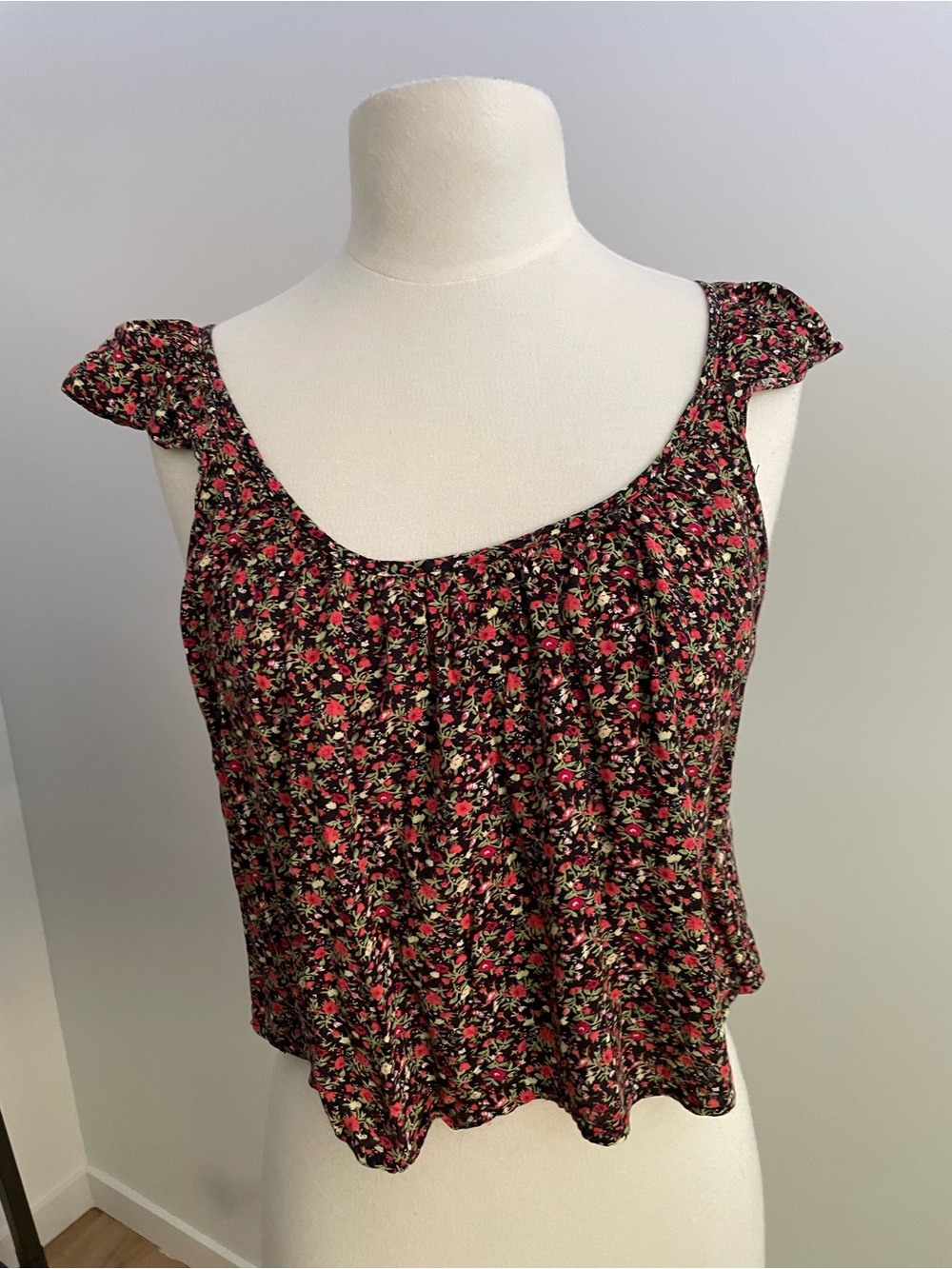 Urban Outfitters Black Floral Scoop Tank with Pink Accents